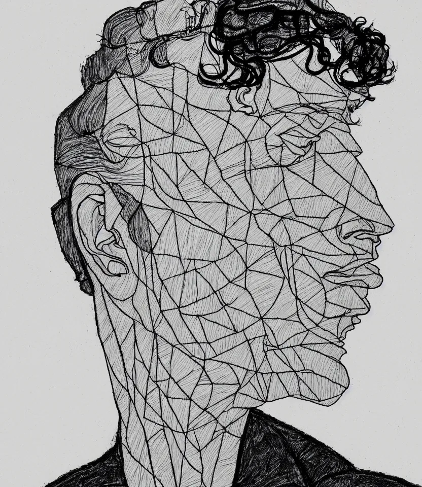 Image similar to detailed line art portrait of hermann hesse, inspired by egon schiele. minimalism, bold contour lines, caricatural, musicality, soft twirls curls and curves, confident personality, raw emotion