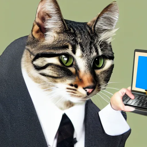 Image similar to realistic photo of an anthropomorphic cat wearing a business suit using a computer in an office