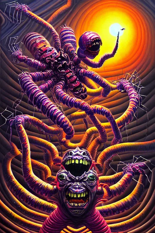 Image similar to a hyperrealistic painting of an epic boss fight against an ornate supreme evil arachnid overlord, cinematic horror by jimmy alonzo, the art of skinner, chris cunningham, lisa frank, richard corben, highly detailed, vivid color,