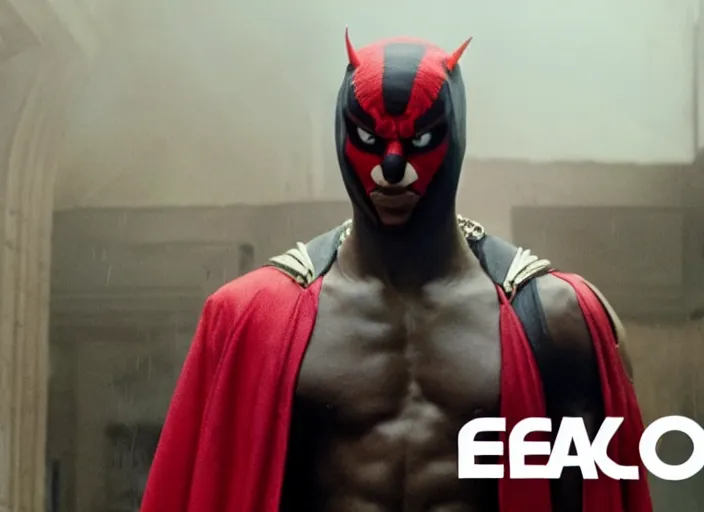 Image similar to film still of michael b jordan as spawn in the new spawn movie, giant chains, large cape, 8 k