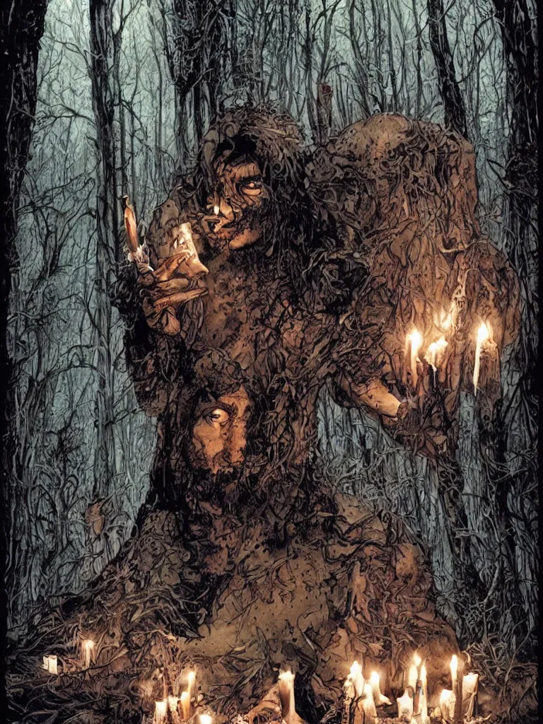 Image similar to neil gaiman sandman surrounded by candles in a deserted forest by lee bermejo and greg rutkowski in vivid color scheme