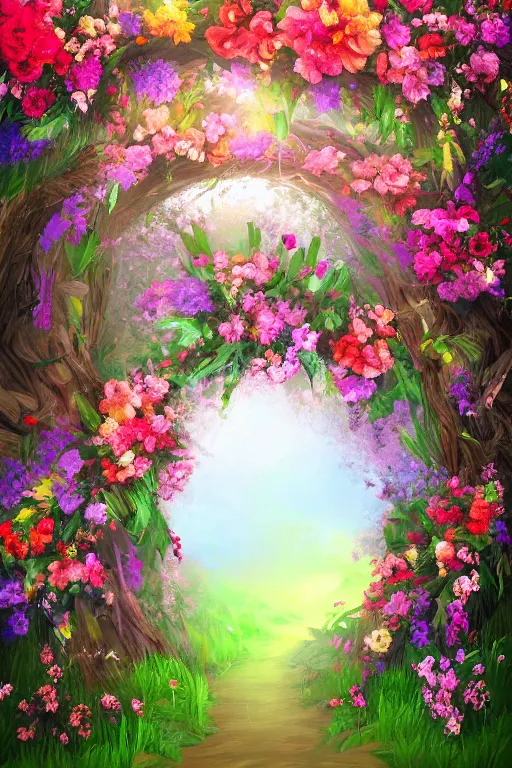 Prompt: A beautiful digital illustration painting of a floral archway in the woods, painted by Blair Leighton and Lisa Frank , 8k resolution deviantart trending on Artstation concept art digital illustration