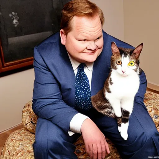 Image similar to Andy Richter wearing a blue dress shirt necktie navy dress pants sitting in a chair petting a calico cat