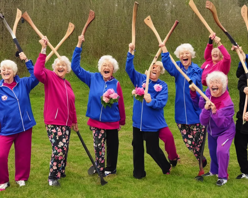 Image similar to a gang of old ladies waving axes, and flowers, and wearing Umbro track suits laughing maniacally and screaming