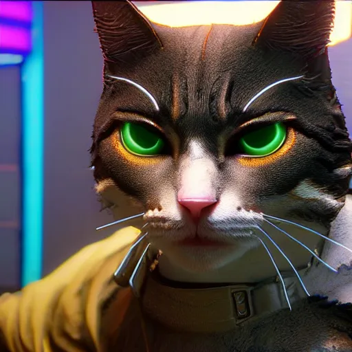 Prompt: cat in cyberpunk 2 0 7 7 8 k hyperdetailed photorealism hdr unreal engine 5 extremely high level of detail