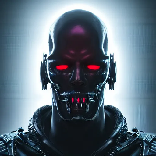 Image similar to evil cyberpunk dark lord, highly detailed, photorealistic portrait, bright studio setting, studio lighting, crisp quality and light reflections, unreal engine 5 quality render