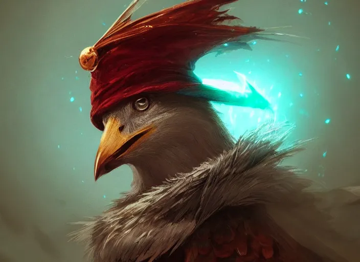 Image similar to a bird wearing a wizard hat, D&D, fantasy, cinematic lighting, highly detailed, artstation, concept art, smooth, sharp focus, illustration, warm light, cozy warm tint, magic the gathering artwork, volumetric lighting, 8k, no gold, no gold colours, art by Akihiko Yoshida, Greg Rutkowski