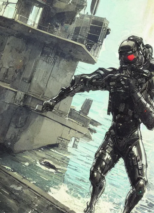 Image similar to bruce wayne. USN blackops operator emerging from water at the shoreline. Operator wearing Futuristic cyberpunk tactical wetsuit and looking at an abandoned shipyard. Frogtrooper. rb6s, MGS, and splinter cell Concept art by James Gurney, Alphonso Mucha. Vivid color scheme.