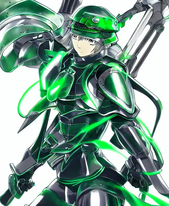 Image similar to an anime drawing of a futuristic warrior with jade green bladed armour and a futuristic helmet with a neon jade visor by Yusuke Murata, 4k resolution, detailed