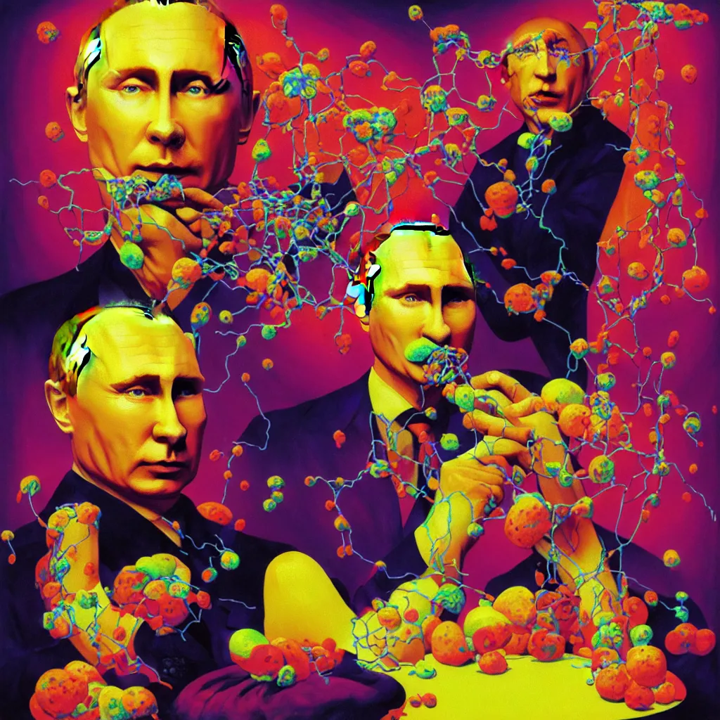 Prompt: portrait of vladimir putin eating of the Strangling network of colorful yellowcake and aerochrome and milky Fruit and His evil Hands hold gossamer polyp blossoms that bring iridescent fungal flowers whose spores black the foolish stars by Jacek Yerka, Mariusz Lewandowski, Houdini algorithmic generative render, Abstract brush strokes, Masterpiece, Edward Hopper and James Gilleard, Zdzislaw Beksinski, Wolfgang Lettl, Yayoi Kasuma, octane render, 8k