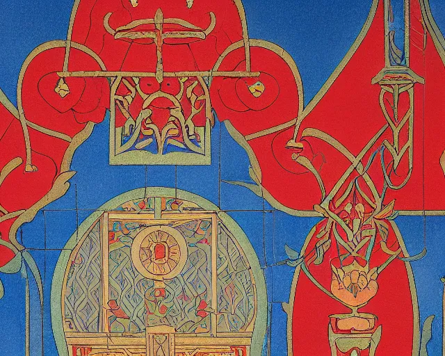 Image similar to symmetrical mural painting from the early 1 9 0 0 s in the style of art nouveau, red curtains, art nouveau design elements, art nouveau ornament, scrolls, flowers, flower petals, rose, opera house architectural elements, mucha, masonic symbols, masonic lodge, joseph maria olbrich, simple, iconic, masonic art, masterpiece