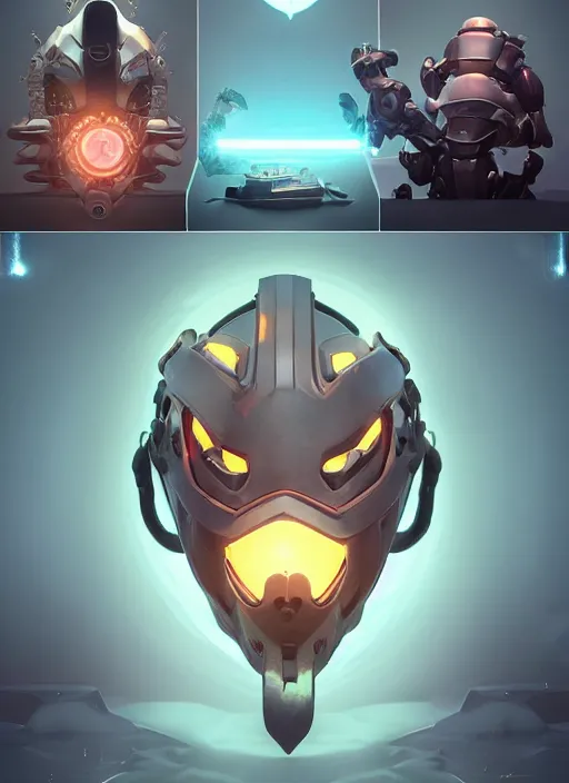 Image similar to This is an extremely intrictaely detailed 3d render of a octane render robot ninja helmet mask fantasy art overwatch and heartstone video game icon. The 3d game art cover is official fanart from behance hd artstation by BEEPLE, Jesper Ejsing, RHADS, Makoto Shinkai, Lois van baarle, ilya kuvshinov and rossdraws.