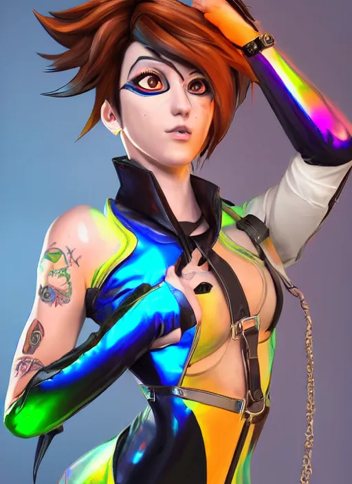 Image similar to portrait bust digital artwork of tracer overwatch, wearing iridescent rainbow latex and leather straps catsuit outfit, expressive face, makeup, in style of mark arian, angel wings, wearing detailed leather collar, chains, black leather harness, detailed face and eyes,
