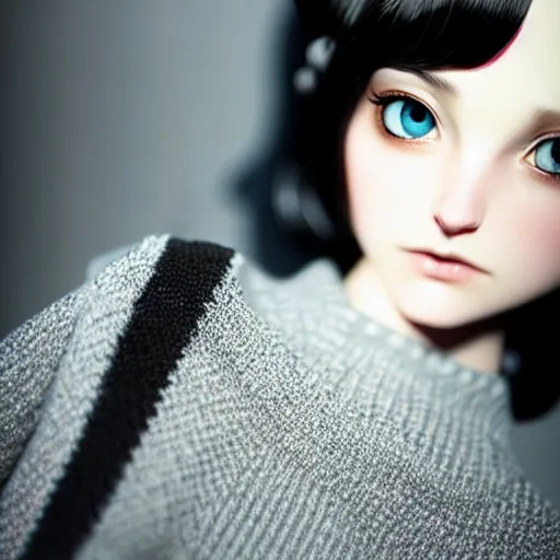 Image similar to beautifully pretty stoner girl, black sweater, grey checkered skirt, very cute features, glittery short black hair, blue eyes, universal volumetric lighting, soft glow, by range murata, norman rockwell, highly detailed intricately sharp focus, trending on pinterest, unreal engine 5 4 k uhd image