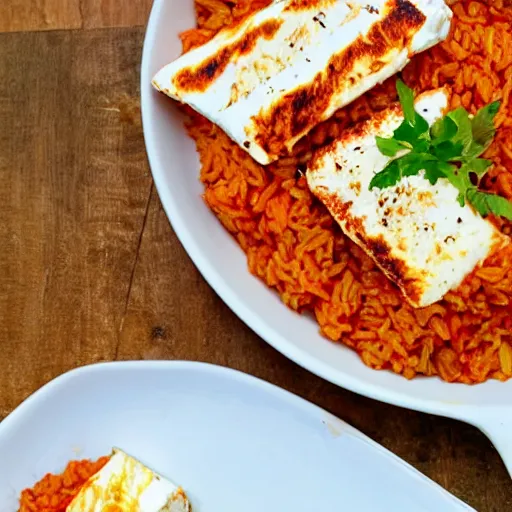 Image similar to jollof rice with haloumi cheese on the side