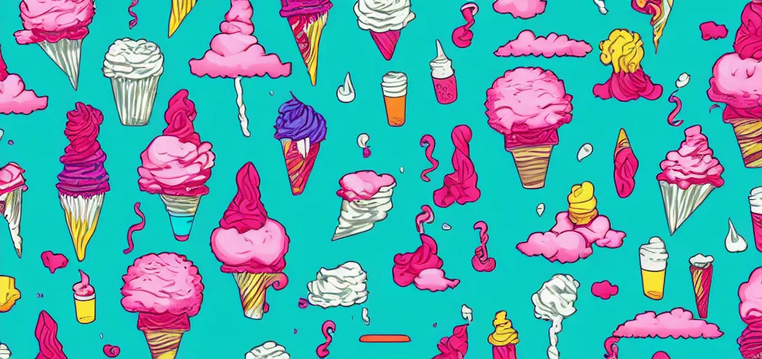 Image similar to air spun cotton candy milkshake island by Tara McPherson, vivid colors, high contrast, 8k resolution, intricate, photorealistic, smooth