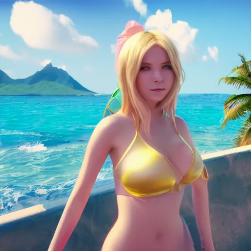 Image similar to beautiful render of pool party Lux (league of legends) looking at the horizon in a hawaii beach, 3d, octane render, realistic, highly detailed, trending on artstation