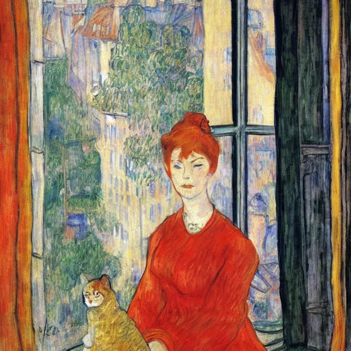 Prompt: woman in vermillion dress and white cat with city with gothic cathedral seen from a window frame with curtains. thunderstorm. bonnard, henri de toulouse - lautrec, utamaro, matisse, monet
