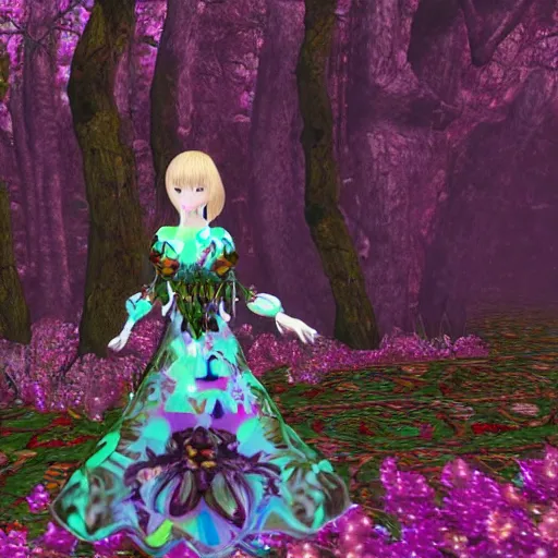 Image similar to cute female forest spirit wearing ornate floral cybernetic hungarian valentino resort dress in a 3 d psx ps 2 jrpg style, esoteric magical alien meadow ritual environment, fashion gameplay screenshot, highly detailed, atelier, xenogears