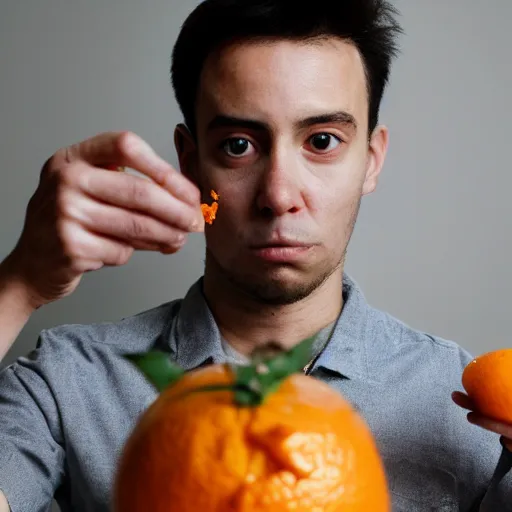 Prompt: a photo of a suprised holding an orange, the man's face can be seen in the photo, his eyes are more open, looking at the viewer, his mouth is open, he is holding the orange in his hand.