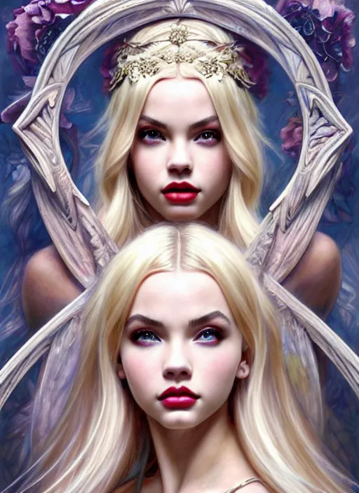 Image similar to ultra realistic illustration, a stunningly beautiful greek gothic goddess of chaos played by jordyn jones and dove cameron and margot robbie and taylor swift and megan fox and adriana lima, intricate, elegant, highly detailed, digital painting, artstation, concept art, smooth, sharp focus, illustration, art by artgerm and greg rutkowski and alphonse mucha