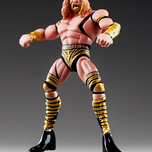 Image similar to Full body shot of a highly detailed flexible Triple H vinyl plastic figurine as a villain, highly detailed face, white background, 3d, high quality, depth of field, high contrast, 8k, concept art, smooth, sharp focus, highly detailed, wrestling, WWE