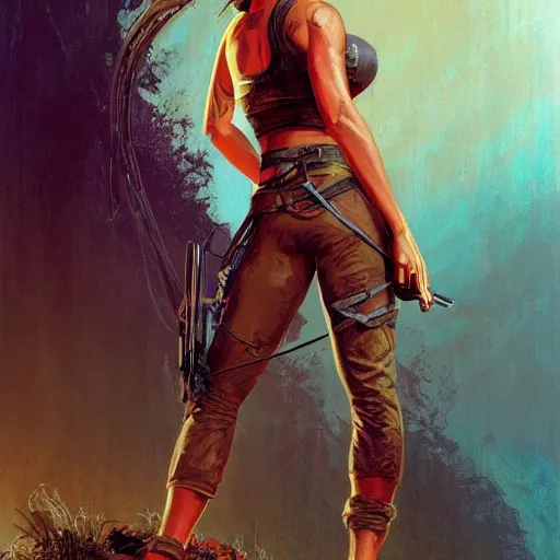 prompthunt: Alicia Vikander as Lara Croft (tomb raider, full body portrait  by Karol Bak, Syd Mead and Raphael Lacoste, rich colors, digital art