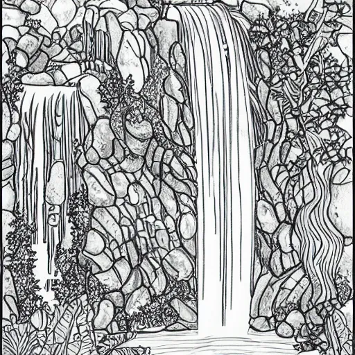 Image similar to an adult coloring page of a waterfall in the enchanted forest, light detail