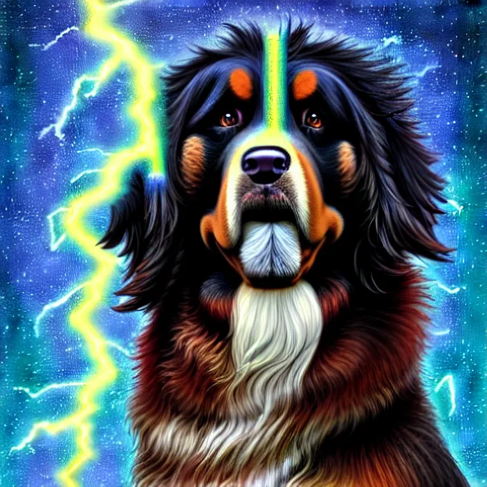 Image similar to an anthropomorphic male bernese mountain dog as zeus, shooting lightning bolts from his paws, by alex grey, intricate details, artstation, furry, psychedelic, hd, beautiful