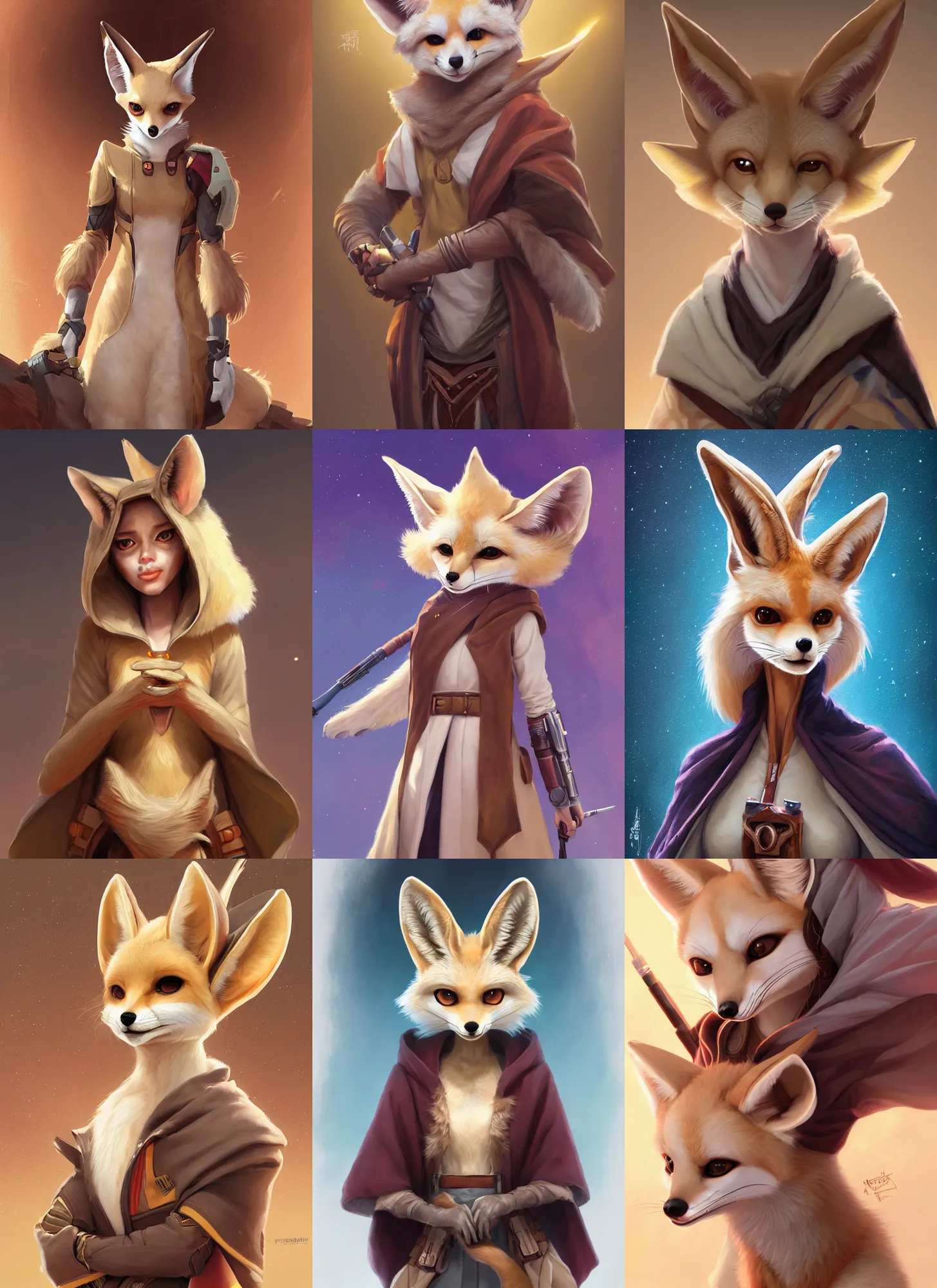 Prompt: beautiful portrait of a female anthropomorphic furry fennec fox fursona wearing jedi robes, character art by stanley artgerm lau, wlop, rossdraws, james jean, andrei riabovitchev, marc simonetti, and sakimichan, trending on artstation