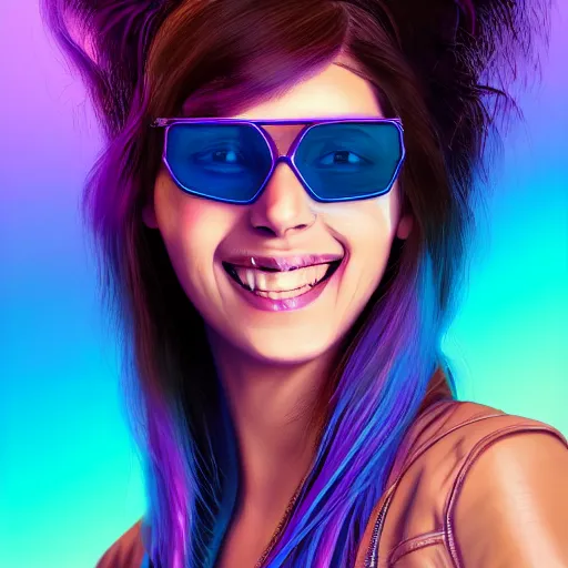 Image similar to closeup painting of a very beautiful young mexican cyberpunk woman with a smile, wearing light blue shutter shades, and a purple coloured leather jacket, one side haircut, long brown hair with light blue ends, portrait, hyperdetailed, artstation, cgsociety, synthwave by tangerine dream, by jean - michel jarre, by vangelis, by john carpenter