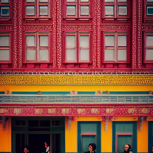 Image similar to Symmetric Wes Anderson film style in ShangHai , sharp focus , wideshot