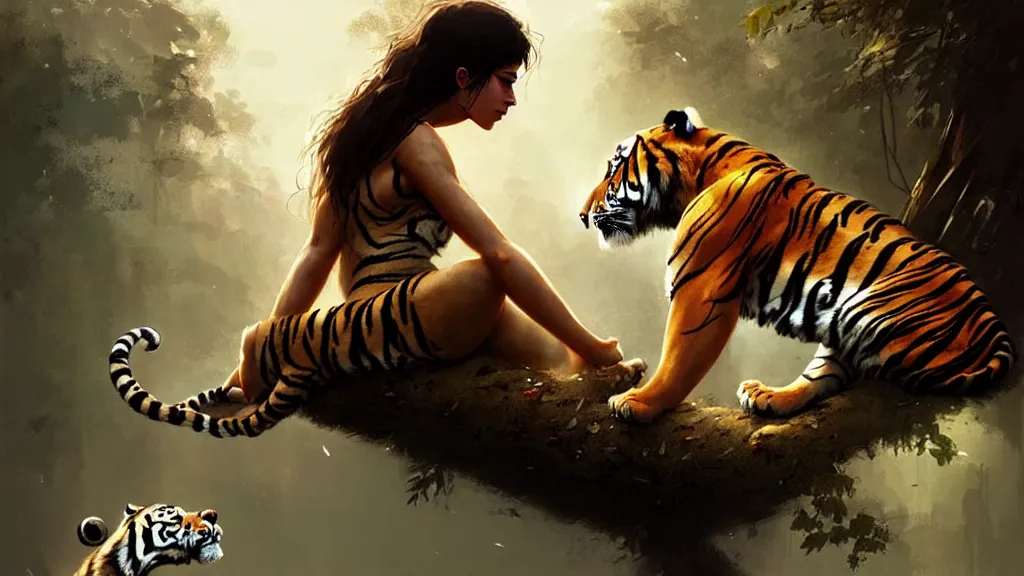 Prompt: the relationship between a girl and a tiger. they love each other, girl with beautiful woman body, detailed digital art by greg rutkowski.