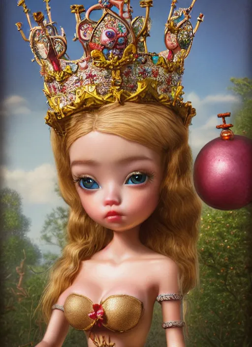 Image similar to highly detailed closeup, profile portrait of a tin toy fairytale princess wearing a crown, bikini, unreal engine, nicoletta ceccoli, mark ryden, earl norem, lostfish, global illumination, detailed and intricate environment