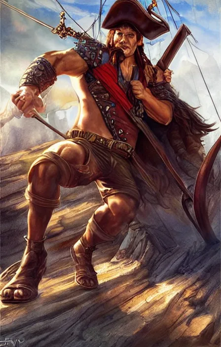 Prompt: pretty muscular sam winchester as a pirate in a pirate ship, fantasy style, sharp focus!, ultra detailed, art by artgerm and peter andrew jones, wlop