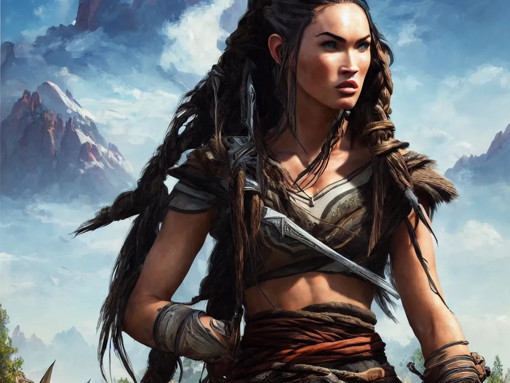 Prompt: megan fox appearance with black braided hair as aloy from horizon zero dawn in the style of assassins creed, countryside, calm, fantasy character portrait, dynamic pose, above view, sunny day, thunder clouds in the sky, artwork by jeremy lipkin and giuseppe dangelico pino very coherent asymmetrical artwork, sharp edges, perfect face, simple form,