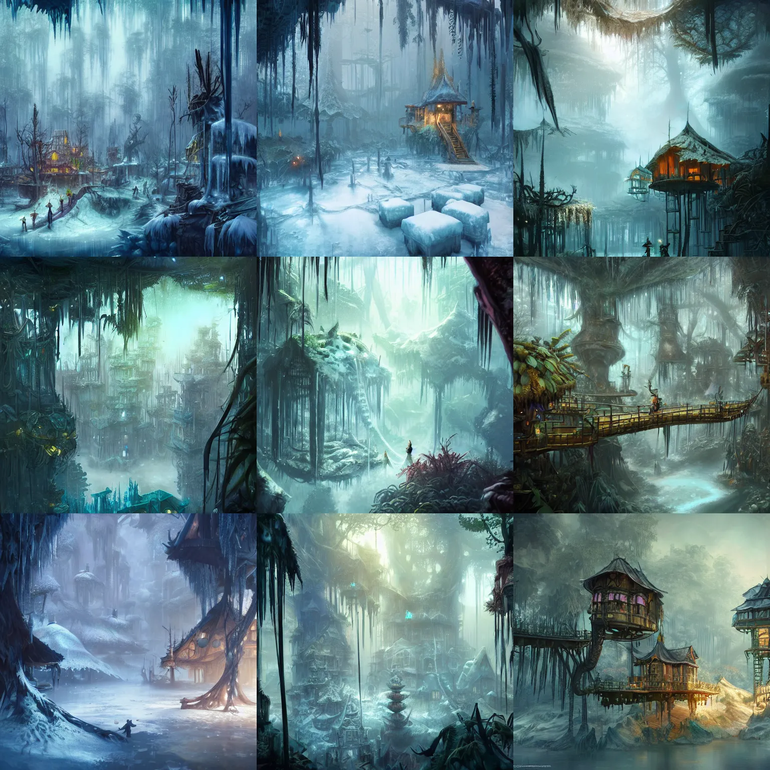 Prompt: frozen jungle with gilded age treehouses, by peter mohrbacher dan mumford craig mullins nekro, cgsociety, pixiv, volumetric light, 3 d render