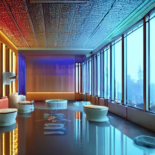 Image similar to wide angle photo of 60‘s great lounge baths interior from eyes wide shut, with golden intricate details and subtle lights, neon-decorated urban on night in the city seen through the windows,modern interior design, architectural design, vintage, night blade runner, dark, postapocalyptic, clean lines, 4k, octane, colorful ,lunarcore city seen at distance outside, big windows,octane, wide angle