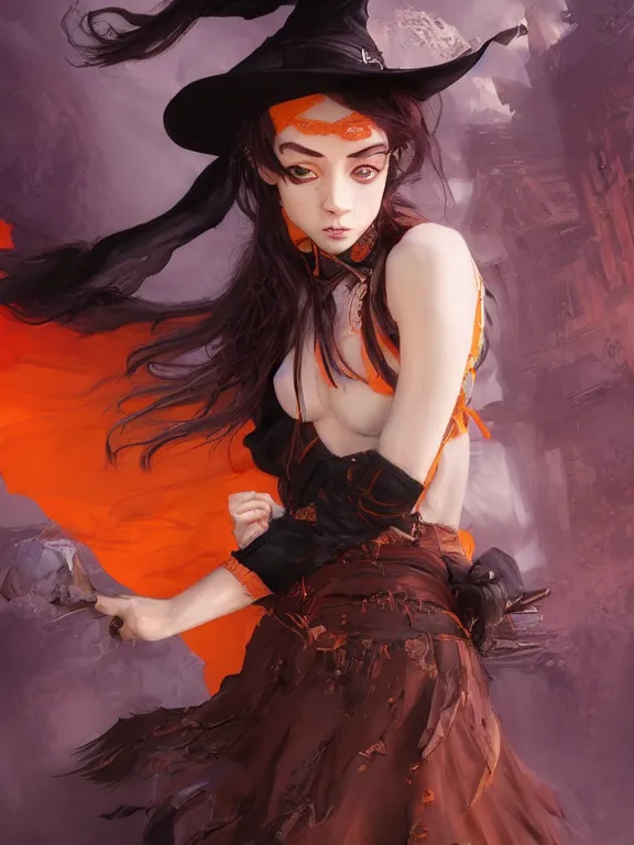 Image similar to Full shot of a mischievous young witch about to get up to some trouble. Latin American fashion. Black and Orange palette. Latina girl. brown skin. Symmetrical facial features. By Ruan Jia and Artgerm and Range Murata and WLOP and Ross Tran. Key Art. Fantasy Illustration. award winning, Artstation, intricate details, realistic, Hyperdetailed, 8k resolution.