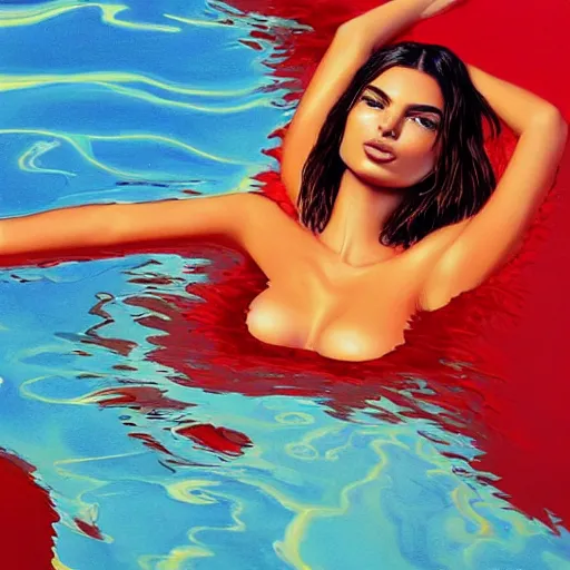 Image similar to Emily Ratajkowski with beautiful face and full body laying in a blood red pool of water between a bright golden glowing mirror frame, outside is space and inside the mirror frame is a beautiful landscape. Hyperrealistic surreal 4K IMAX Rene Margritte intricate, elegant, highly detailed, digital painting, artstation, concept art, smooth, sharp focus, illustration, art by artgerm and greg rutkowski and alphonse mucha