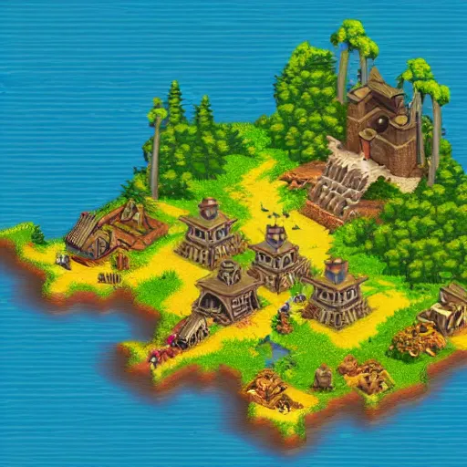 Image similar to isometric map of age of empires video game website , procedural, Travian, AOE2 , civilization, river, forest, cave, mountain, woods, hills, buildings, Insane Details, Digital Art, Epic Atmosphere, Extremely Detailed