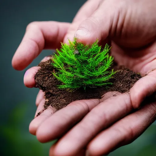 Prompt: a miniature tree growing out of a pile of soil in the palm of a hand, close up