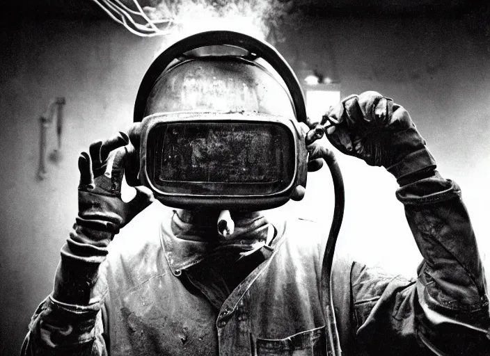 Image similar to welder in welding mask in the upside down, stranger things, by richard avedon, tri - x pan stock