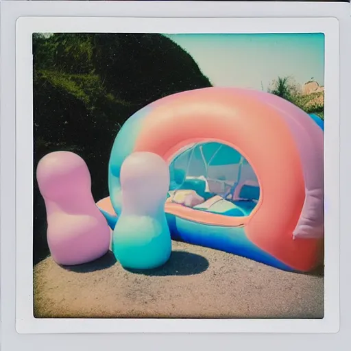 Image similar to a pastel colour high fidelity wide angle Polaroid art photo from a holiday album at a seaside with abstract inflatable parachute furniture, all objects made of transparent iridescent Perspex and metallic silver, people in masks relax, iridescence, nostalgic