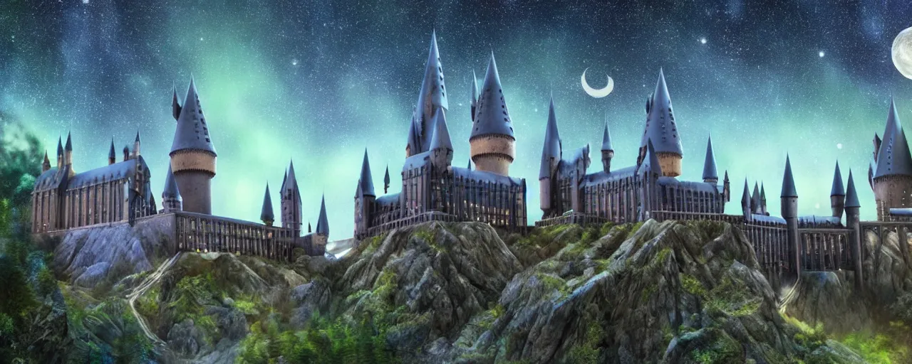 Prompt: Hogwarts in the mountains, forest, at night, blue aurora, shooting stars, matte painting, award winning, highly detailed