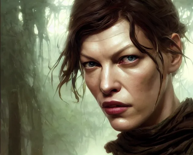 Image similar to highly detailed portrait of milla jovovich, in the walking dead, stephen bliss, unreal engine, fantasy art by greg rutkowski, loish, rhads, ferdinand knab, makoto shinkai and lois van baarle, ilya kuvshinov, rossdraws, tom bagshaw, global illumination, radiant light, detailed and intricate environment