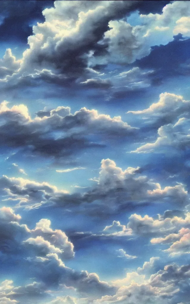 Prompt: 80s airbrushed sky with dramatic clouds black background, airbrush fantasy, masterpiece