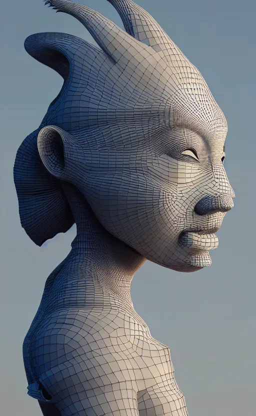 Image similar to 3 d goddess close - up profile portrait. beautiful intricate highly detailed korean gumiho mask and traditional hanbok. stingray, magpie, bio luminescent, plasma, ice, water, wind, creature, artwork by tooth wu and wlop and beeple and greg rutkowski, octane 3 d render