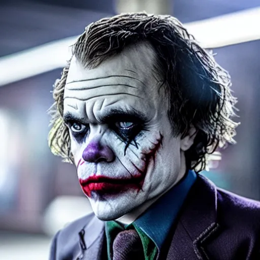 Image similar to stunning awe inspiring peter dinklage as the joker, movie still 8 k hdr atmospheric lighting