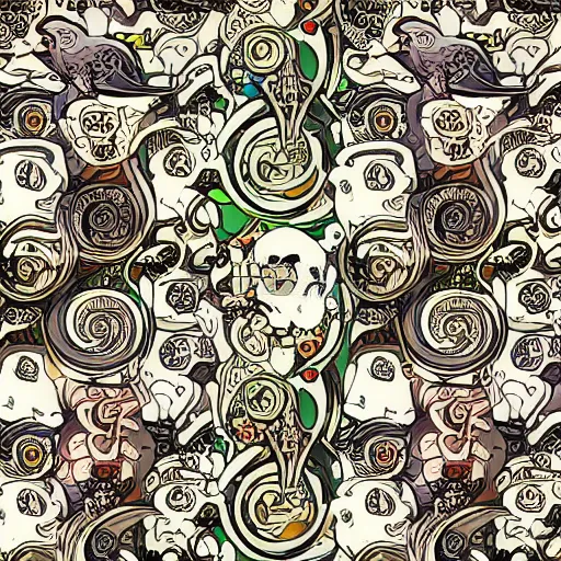 Image similar to anime manga pattern of birds and skulls spiral illustration style by Alphonse Mucha and comic pop art nouveau